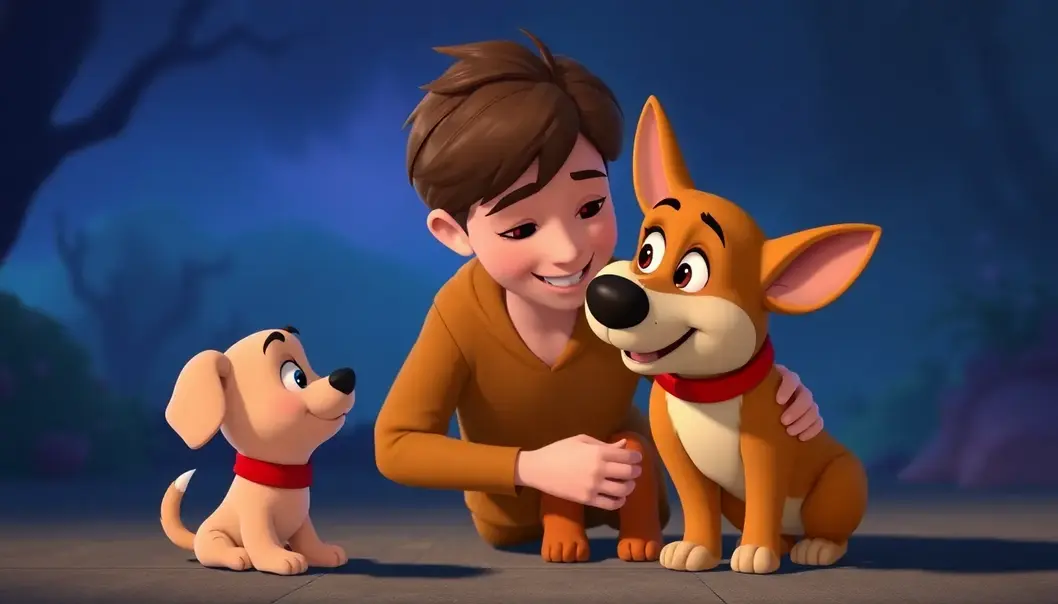 A family enjoying an animated movie together, surrounded by their pets.