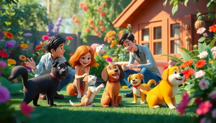 Animated characters playing with their pets in a lush garden.