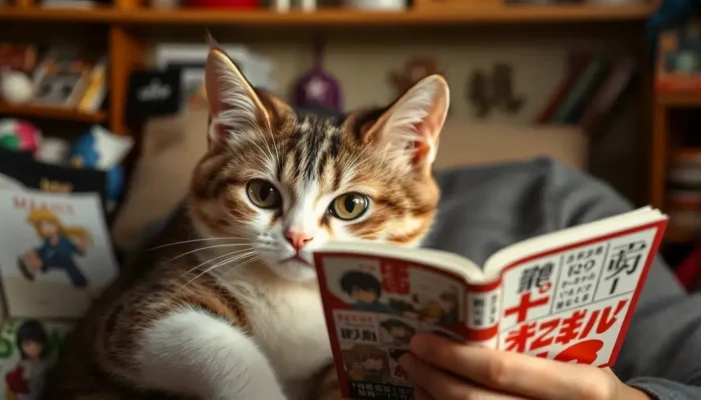 A cat lovingly cuddled with its owner who holds a manga, with anime memorabilia around.