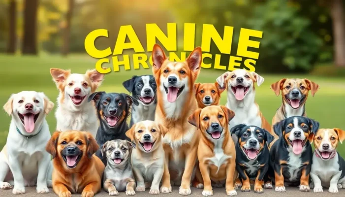 Various dog breeds playfully engaging outdoors.