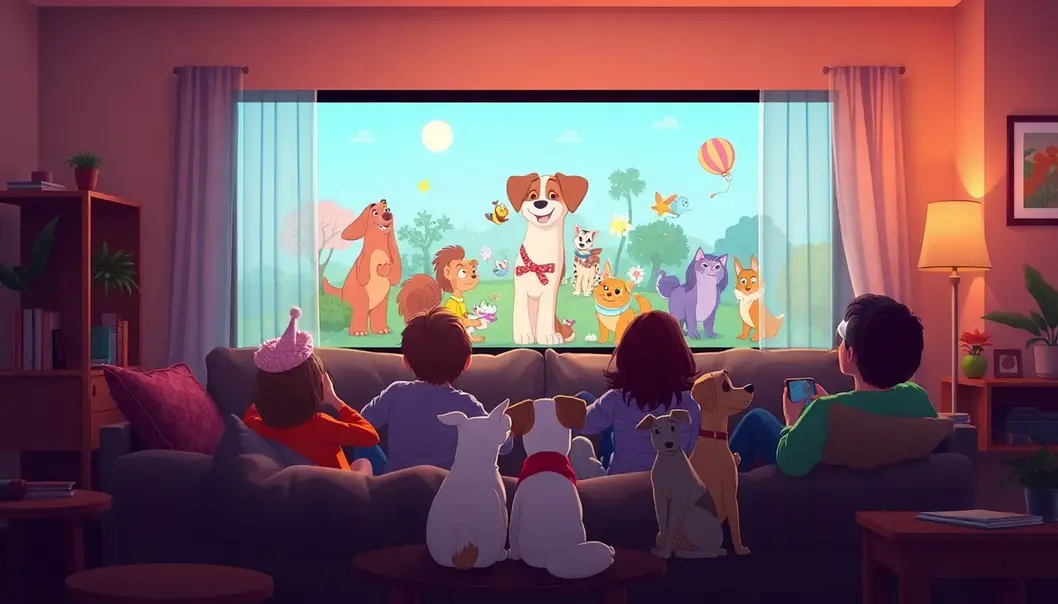A family enjoying an animated movie together, surrounded by their pets.