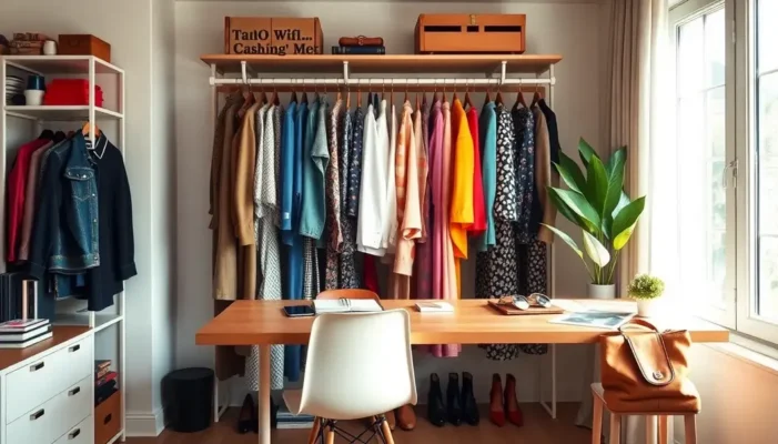 An open wardrobe with statement pieces in a freelancer's workspace.