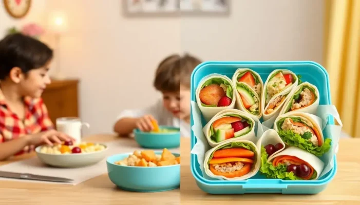 Split image of breakfast and lunch meals for kids, featuring colorful foods in a cozy dining setting.
