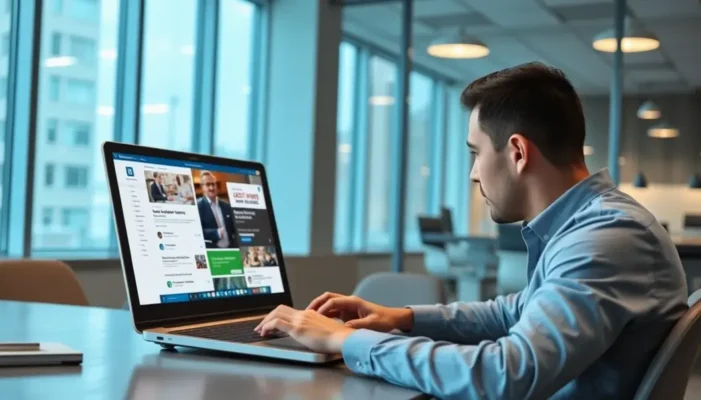 A professional using LinkedIn on a laptop, reflecting an elevated personal brand.