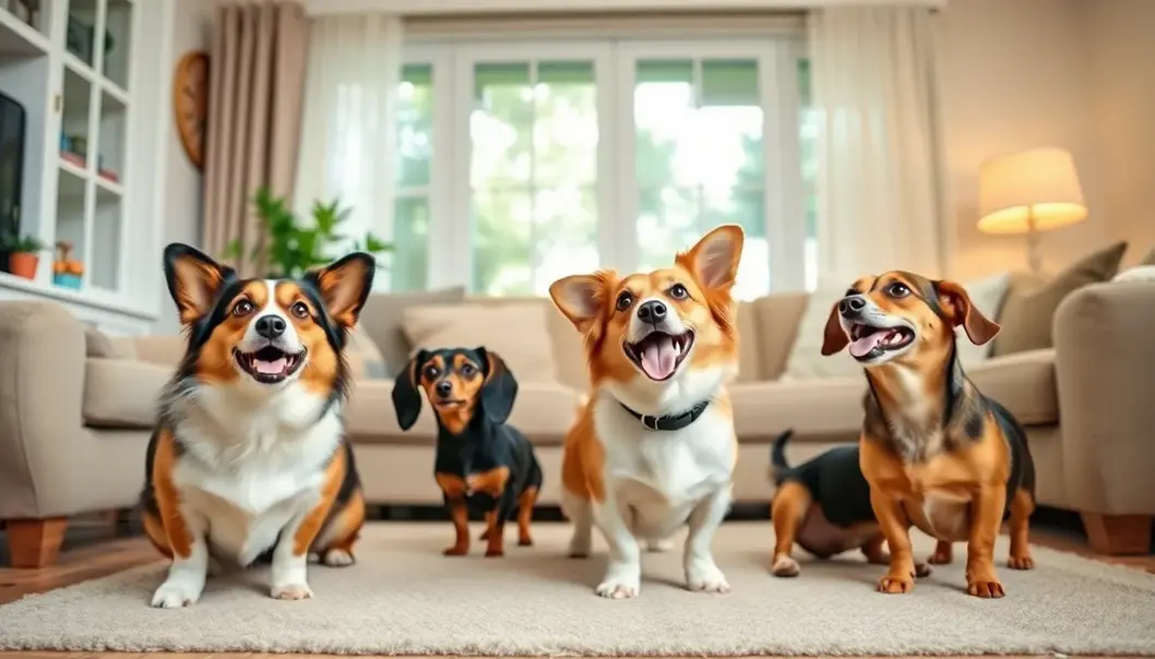 Small but mighty dogs clowning around indoors.