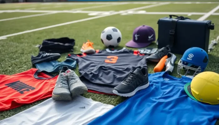 Sports gear including jerseys and shoes crafted from diverse fabric blends, displayed on a sports field.
