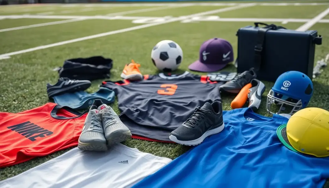 Sports gear including jerseys and shoes crafted from diverse fabric blends, displayed on a sports field.