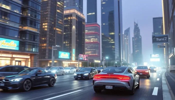 Futuristic cityscape showing autonomous vehicles, symbolizing subscription-based ownership.