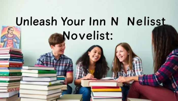 Teenagers enthusiastically brainstorming and discussing their novel writing ideas, amidst a lively, colorful setting.